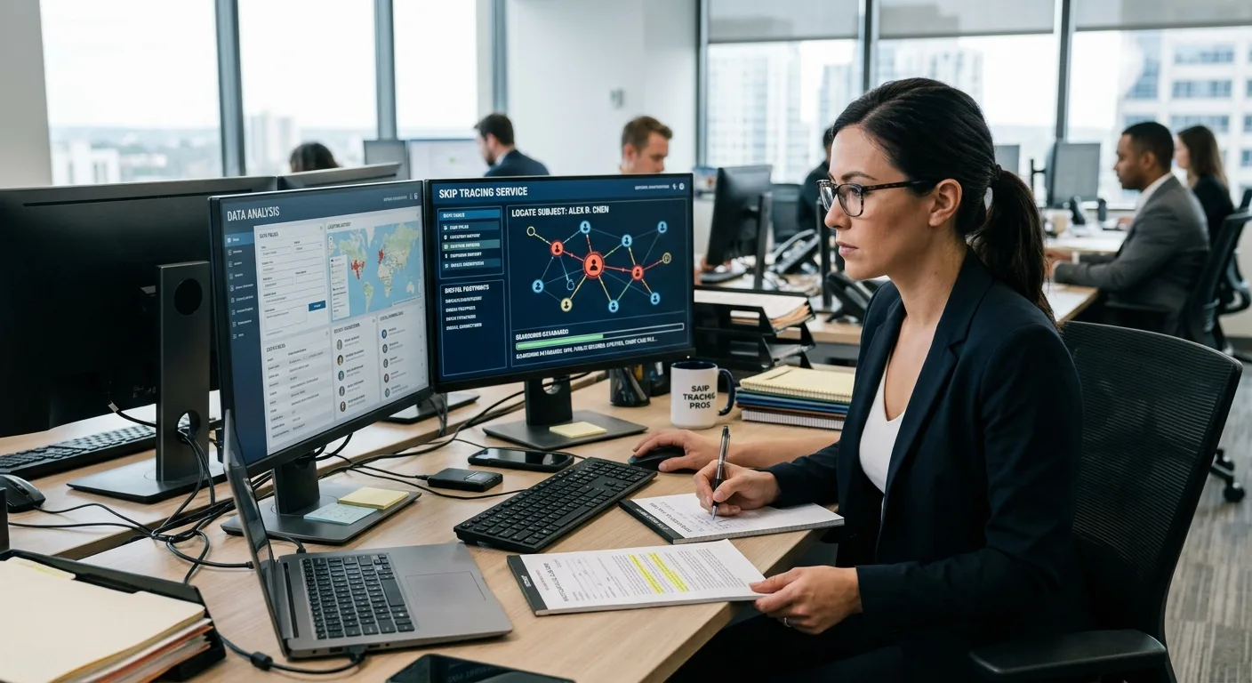Analyst reviewing skip tracing records at her desk
